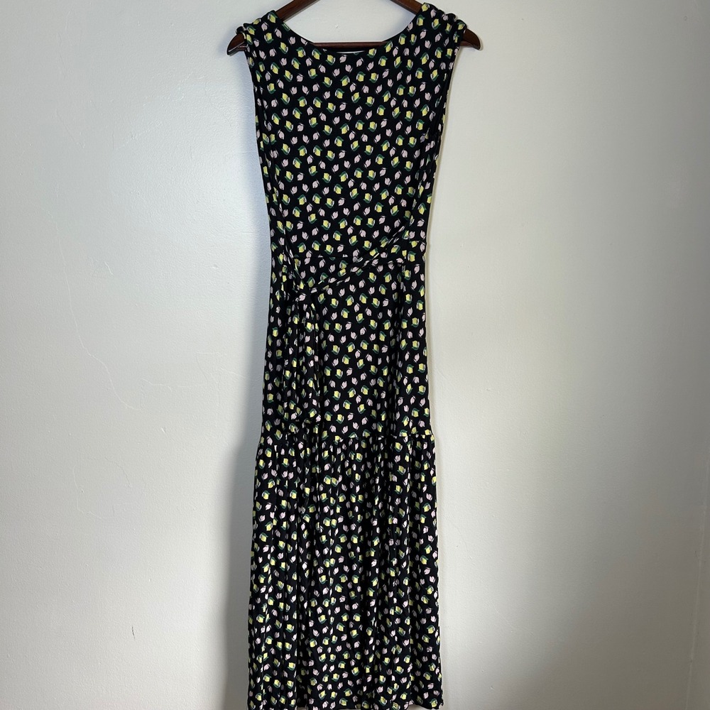 EUC Boden Dress Maxi Size 8R Black Lemon Print Tiered Sleeveless Pocket